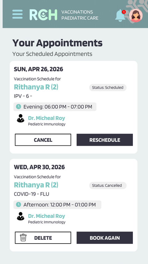 RCH your appointments screen